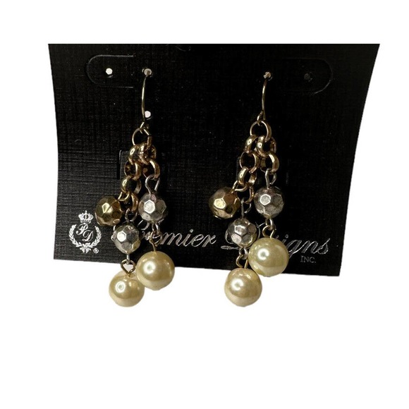NEW Premier Designs Wow Factor Gold Silver Plated Faux Pearl Dangle Earrings 2" - Picture 1 of 6